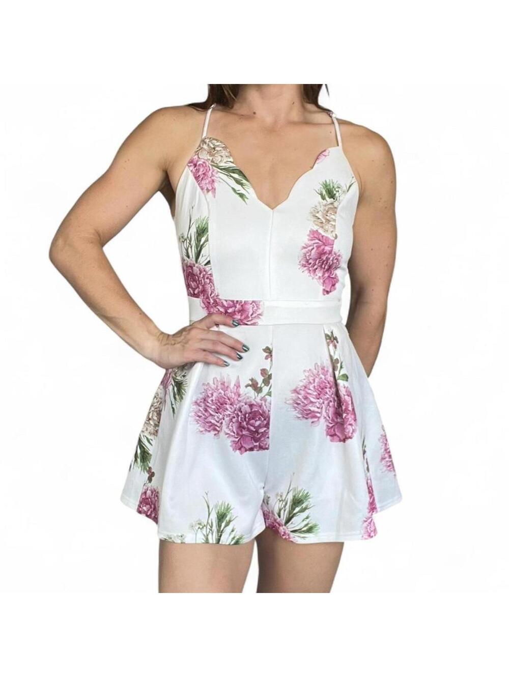 Misc White and Pink Floral Romper with Lace Back